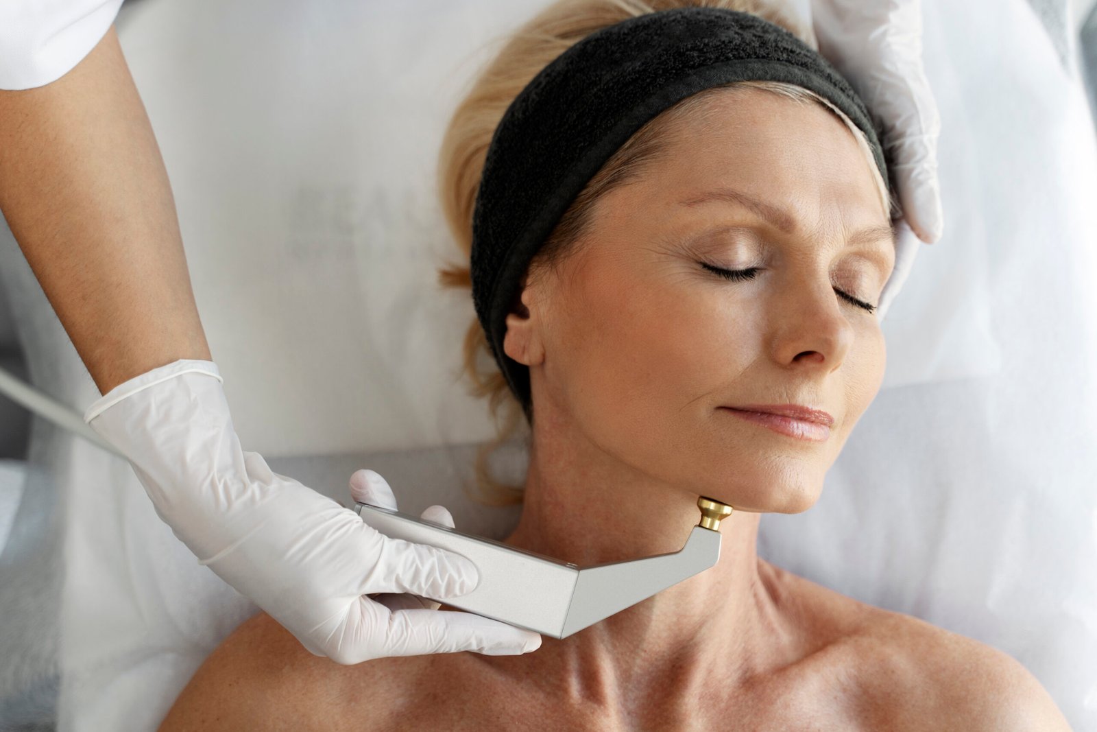 Close-up of woman with lifted, firm skin after non-surgical tightening at Couture Dermatology